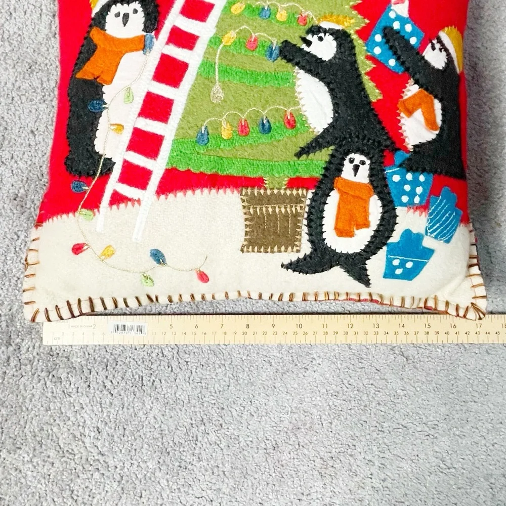 Pier 1 Imports Whimsy Penguin & Christmas Tree Pillow Red Holiday 16 x 16 Set 2